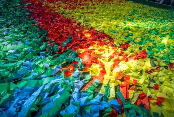 Sun Cycle part of Patrick Shearn of Poetic Kinetics Skynet Series. Colorful kinetic artwork suspended in midair at WF Central in Beijing China